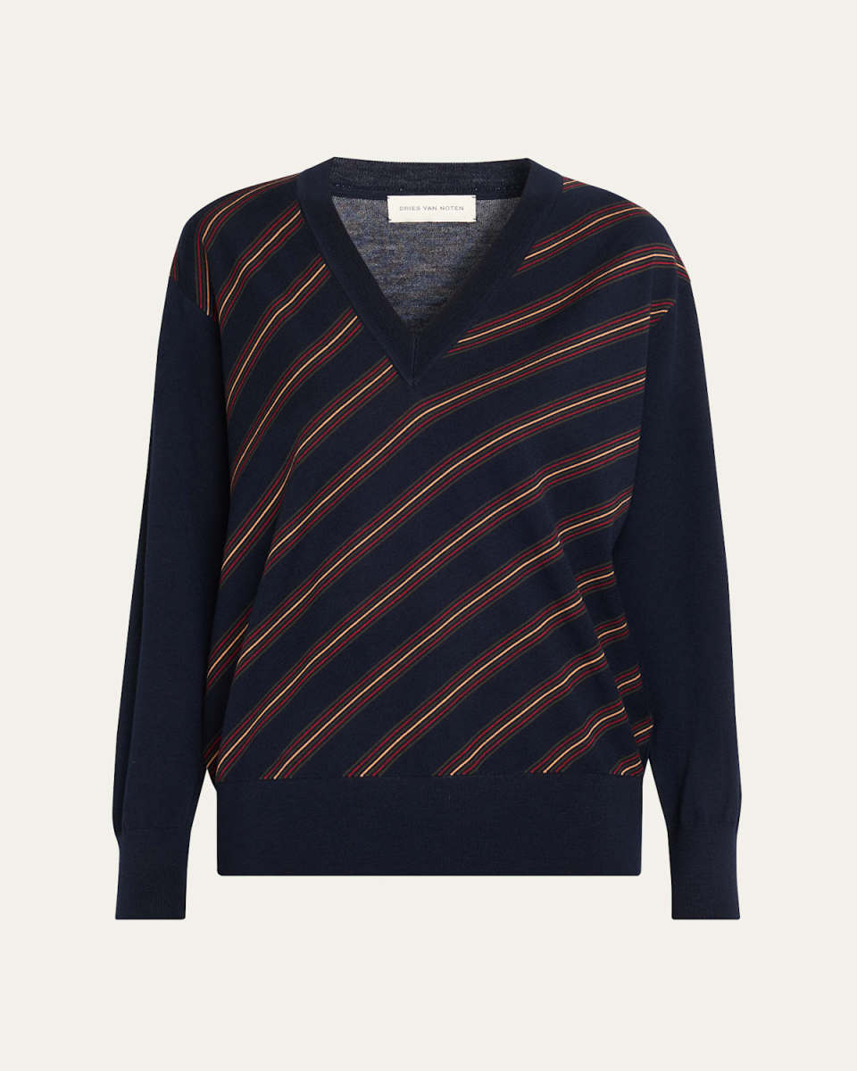 Tishana Striped V-Neck Wool Sweater